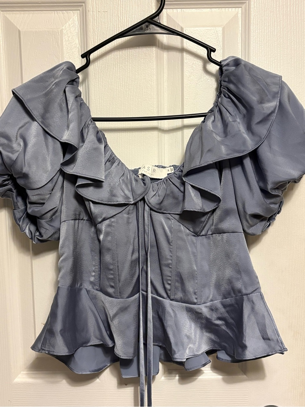 Astr the Label Ruffled Short Sleeve Satin Top in Slate Blue